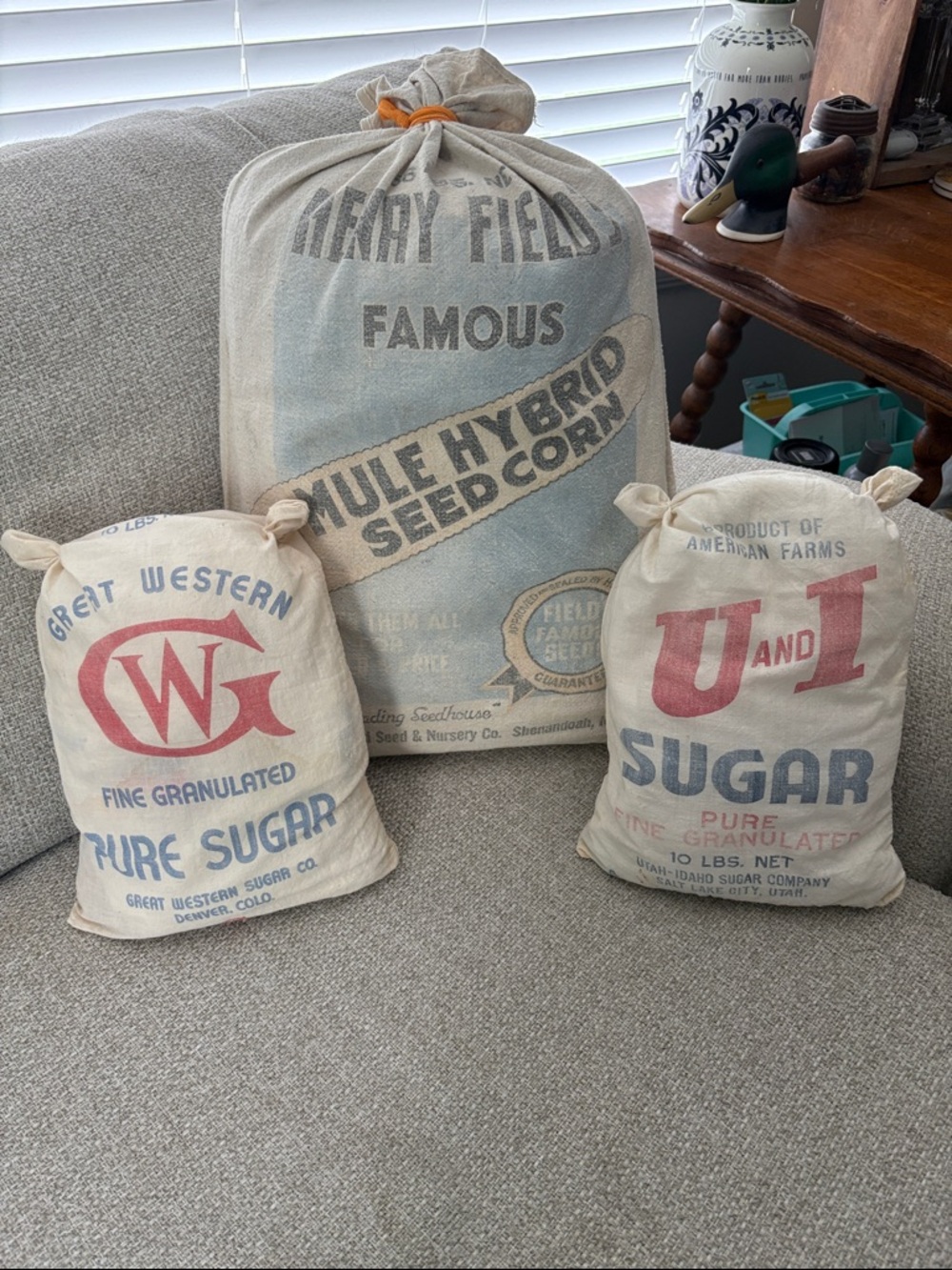 Vintage Seed & Sugar Feed Sacks Trio - Neutral Canvas with Red & Blue Graphics